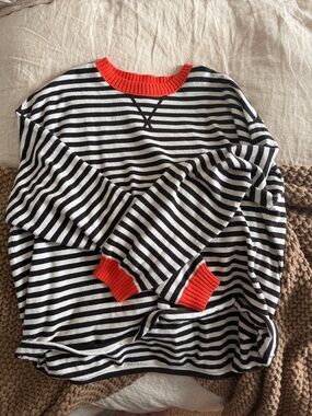 aerie Brown & White Striped Sweater with Bright Orange Trim